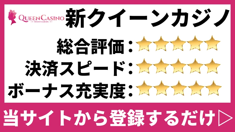 仮想通貨オンラインカジノの1つである新クイーンカジノの評価を記載した画像