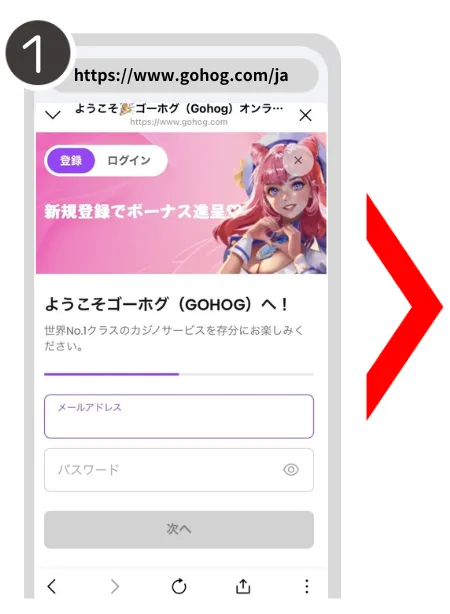 ゴーホグカジノ(Gohog)の入金不要ボーナスの受け取り方について説明している画像①