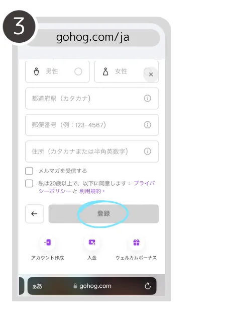 ゴーホグカジノ(Gohog)の登録方法について説明している画像③