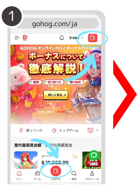 ゴーホグカジノ(Gohog)の入金方法について説明している画像①